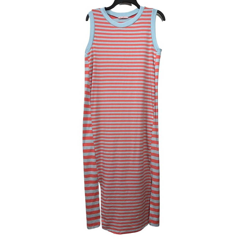 Ces Femme Long Maxi Tank Dress Sleeveless Striped Pale Blue Coral Stretch Size M